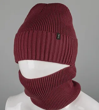 Комплект шапка-резинка з відворотом на флісі + Баф на флiсі (230701), Марсала