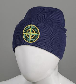 Шапка молодіжна з вишивкою Stone Island (m33), Темно-синій