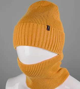 Комплект шапка-резинка з відворотом на флісі + Баф на флiсі (230701), Гірчиця